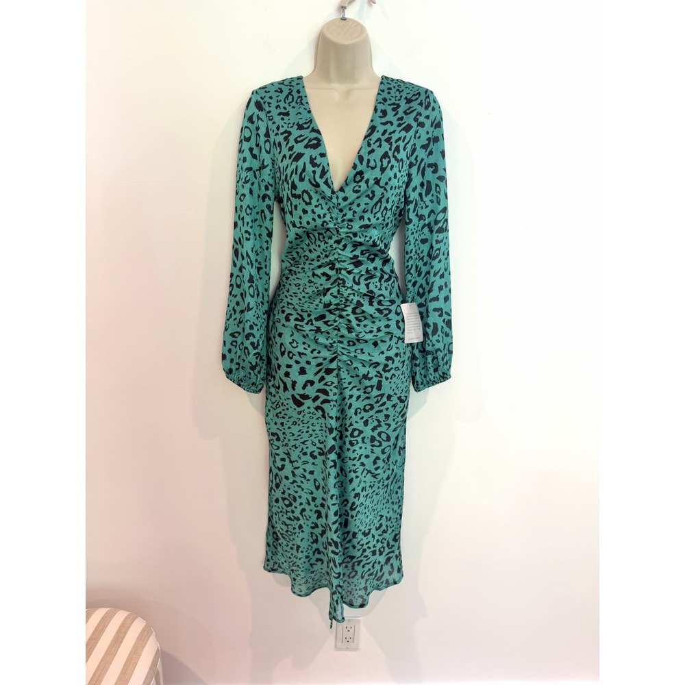 NSR Leopard Print Satin Midi Dress NWT Ruched Plunge Long Sleeve Cocktail Sz M